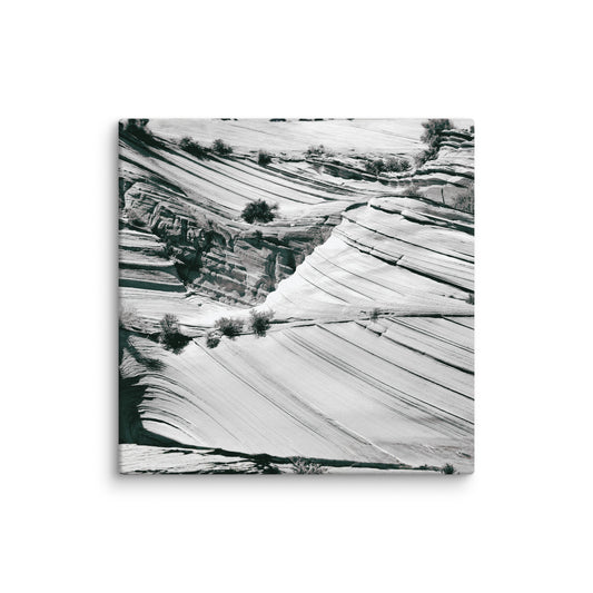 Black-and-white aerial view of dramatic, undulating sandstone layers carved by ancient water flows.