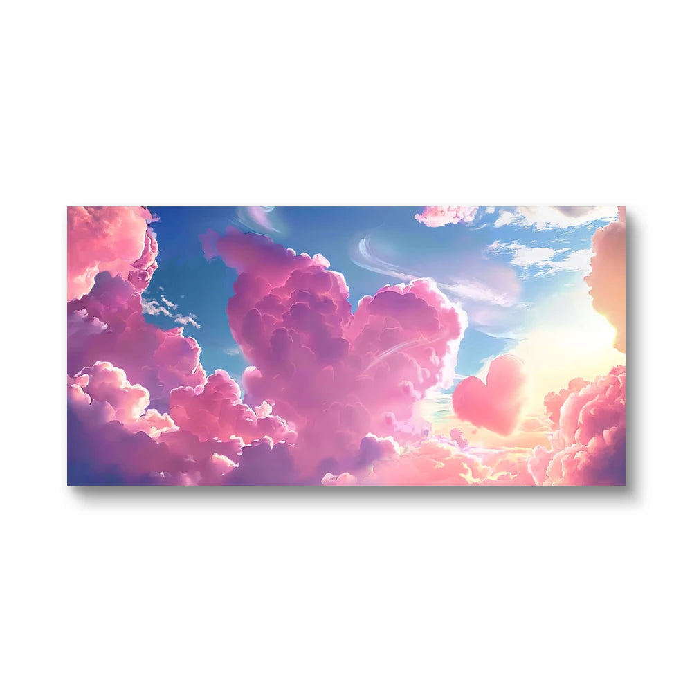A trio of enchanting digital artworks infused with romantic symbolism, featuring fluffy pink heart-shaped clouds drifting in a vibrant blue sky bathed in golden sunlight.