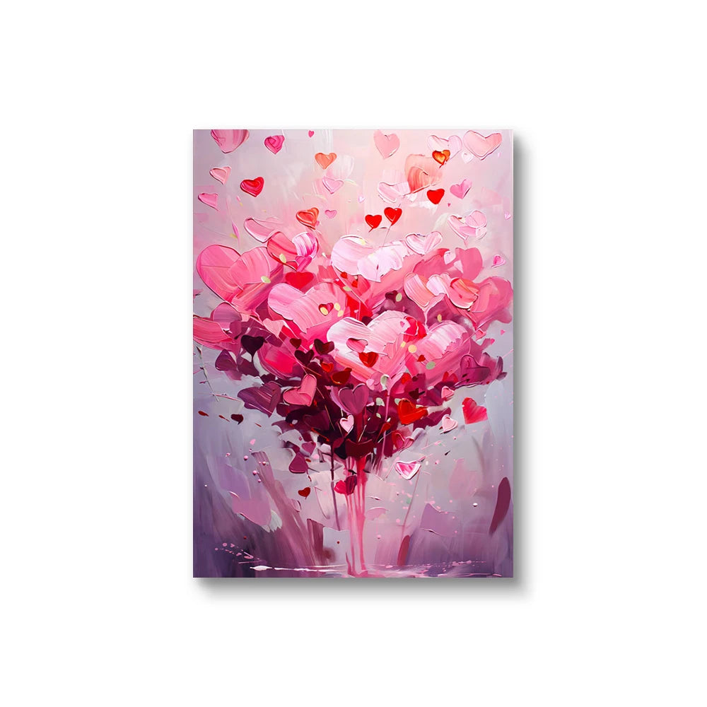 A trio of enchanting digital artworks infused with romantic symbolism, featuring fluffy pink heart-shaped clouds drifting in a vibrant blue sky bathed in golden sunlight.