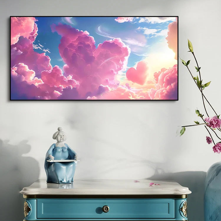 A trio of enchanting digital artworks infused with romantic symbolism, featuring fluffy pink heart-shaped clouds drifting in a vibrant blue sky bathed in golden sunlight.