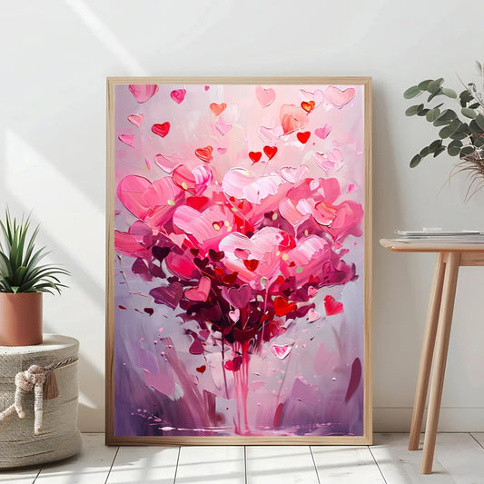 A trio of enchanting digital artworks infused with romantic symbolism, featuring fluffy pink heart-shaped clouds drifting in a vibrant blue sky bathed in golden sunlight.
