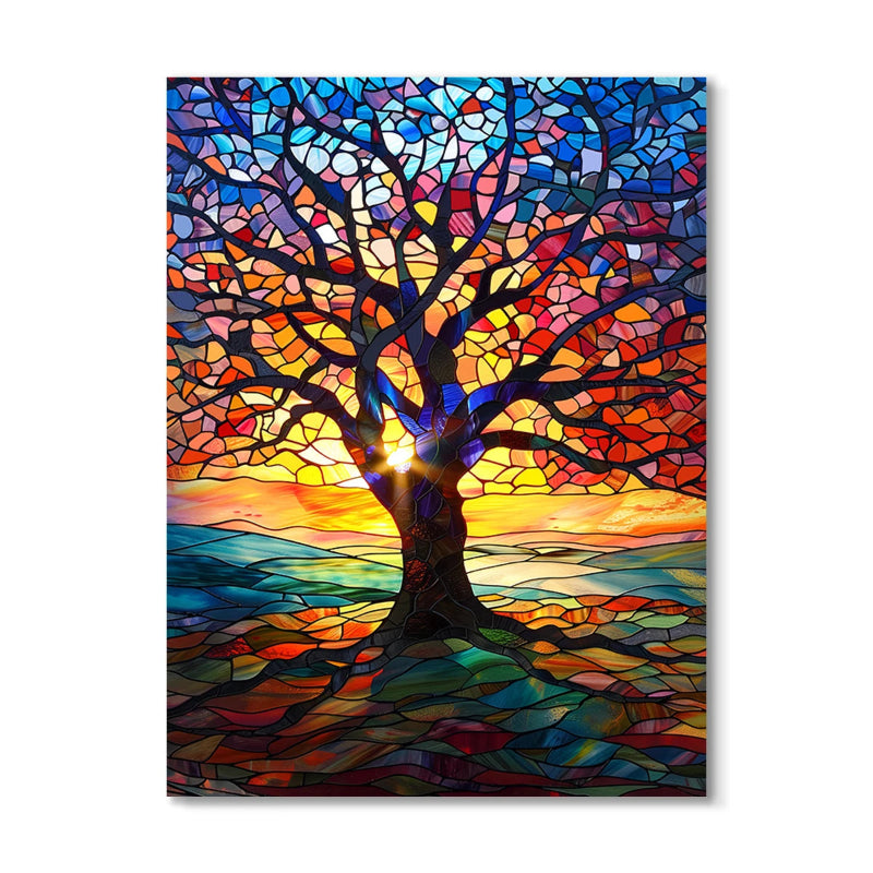 A majestic tree in a stained glass mosaic style, with branches transitioning from cool midnight blues to fiery sunset oranges and reds.