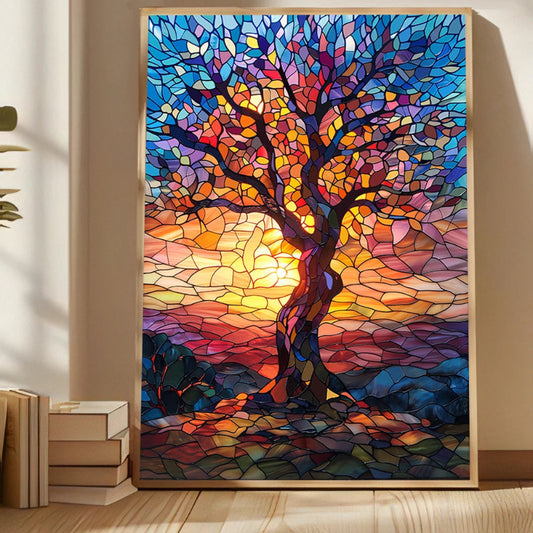 A majestic tree in a stained glass mosaic style, with branches transitioning from cool midnight blues to fiery sunset oranges and reds.