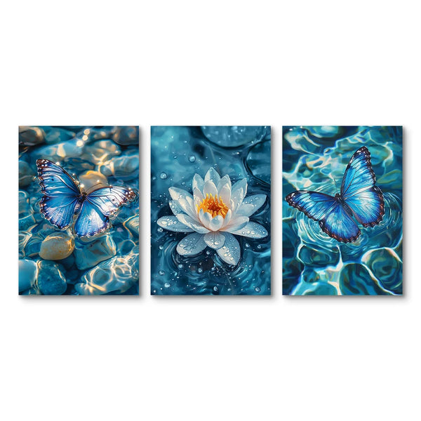 This triptych composition immerses viewers in a tranquil underwater world dominated by cool blue tones, evoking themes of peace.