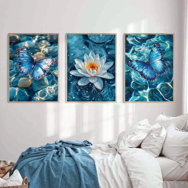 This triptych composition immerses viewers in a tranquil underwater world dominated by cool blue tones, evoking themes of peace.