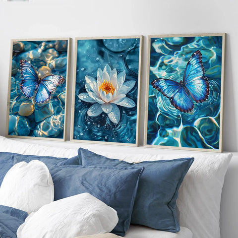 This triptych composition immerses viewers in a tranquil underwater world dominated by cool blue tones, evoking themes of peace.