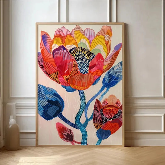 At the top, there's a big bloom made of layered, curved shapes in warm colors with a twisting stem in cooler tones like blues and greens.