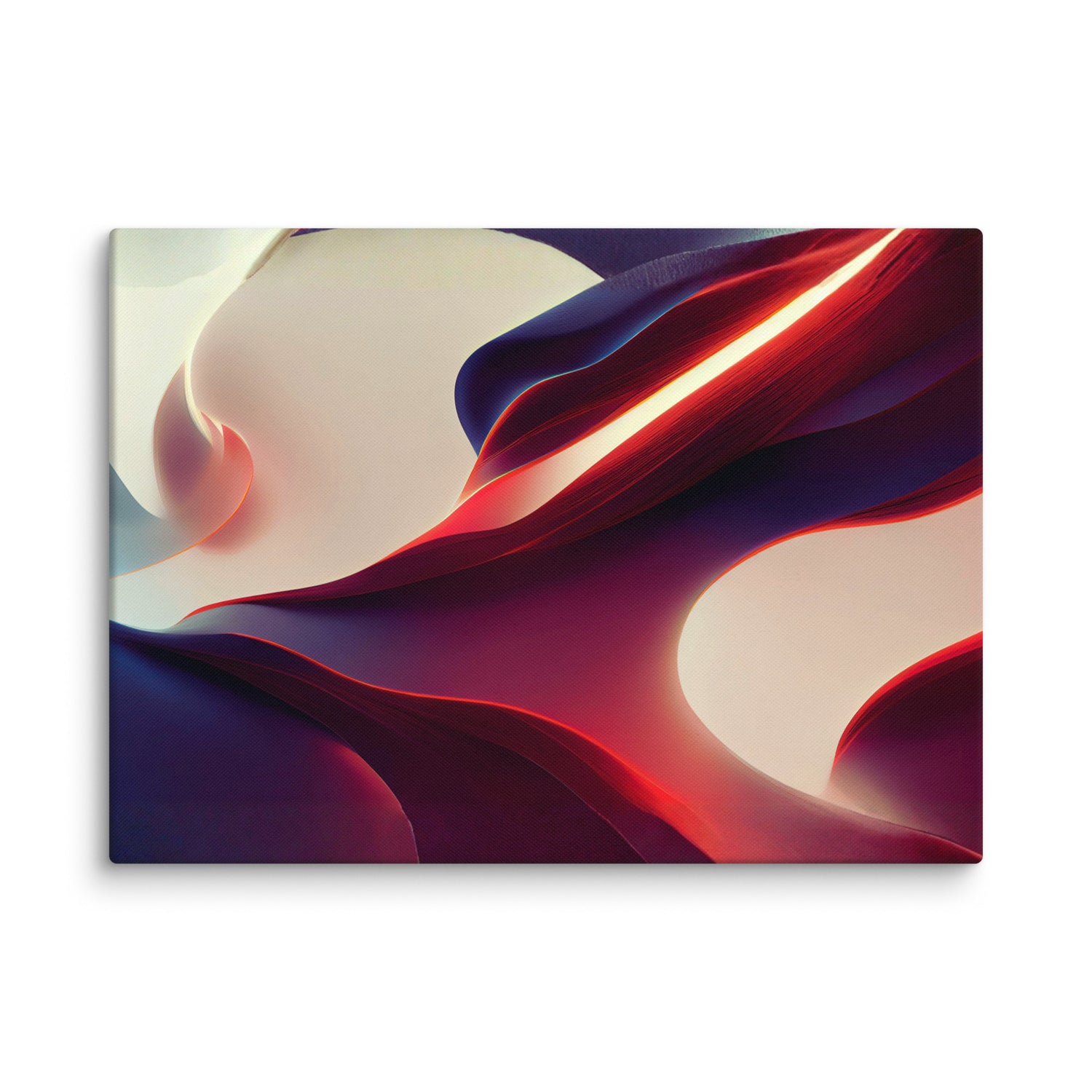 Smooth, flowing abstract of undulating forms in deep crimson, vibrant red, and soft white, with glowing highlights.