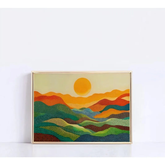 Natural motifs through a distinctive pointillist technique, where countless small dots and specks create textured, vibrant forms.