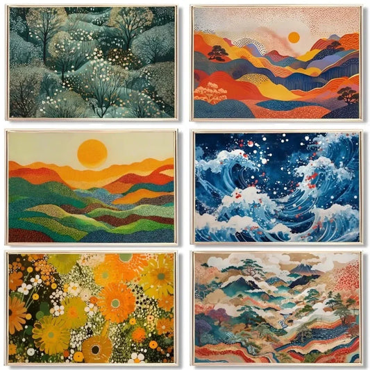 Natural motifs through a distinctive pointillist technique, where countless small dots and specks create textured, vibrant forms.
