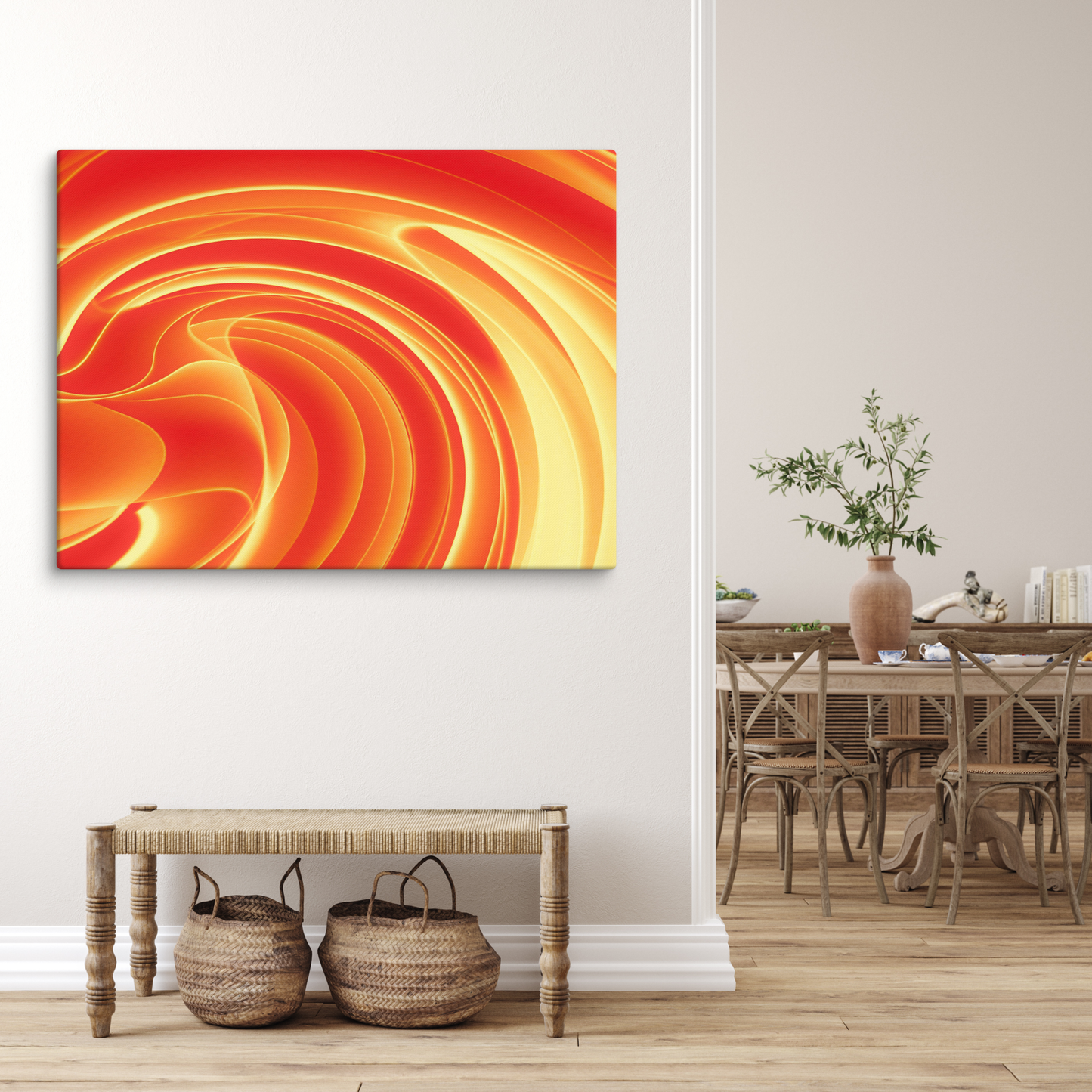 Vibrant marbled abstract with swirling ribbons of fiery orange, deep crimson, and warm amber blending into hypnotic spirals.