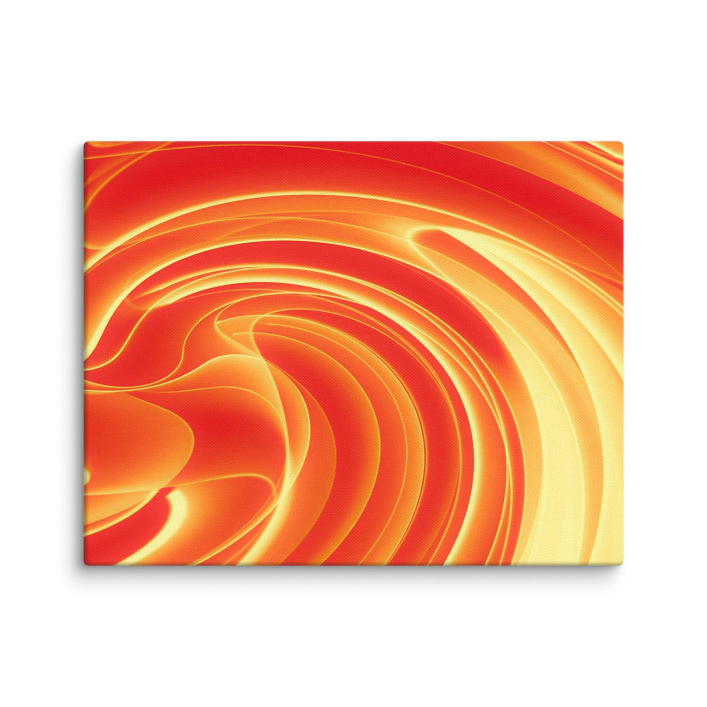 Vibrant marbled abstract with swirling ribbons of fiery orange, deep crimson, and warm amber blending into hypnotic spirals.
