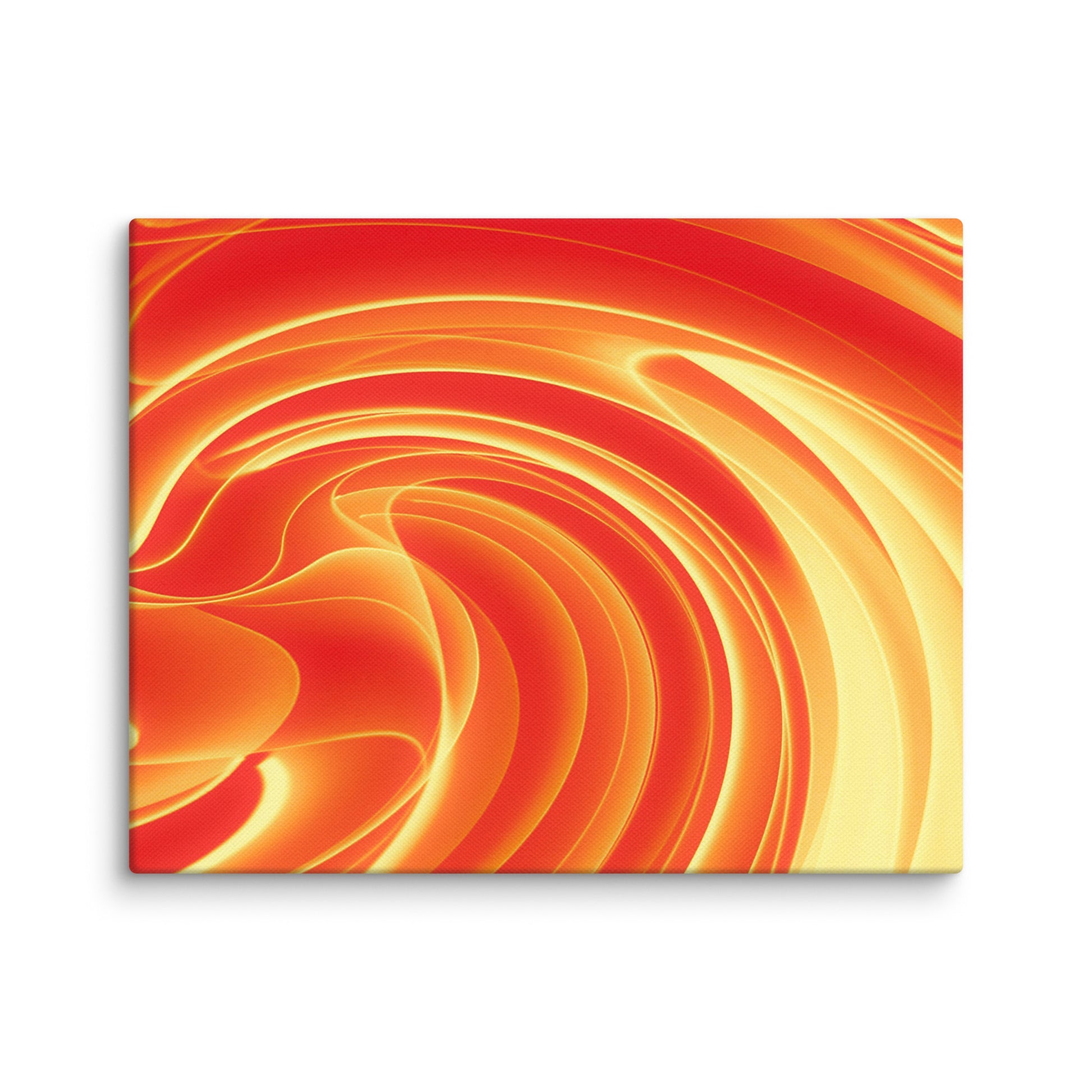 Vibrant marbled abstract with swirling ribbons of fiery orange, deep crimson, and warm amber blending into hypnotic spirals.