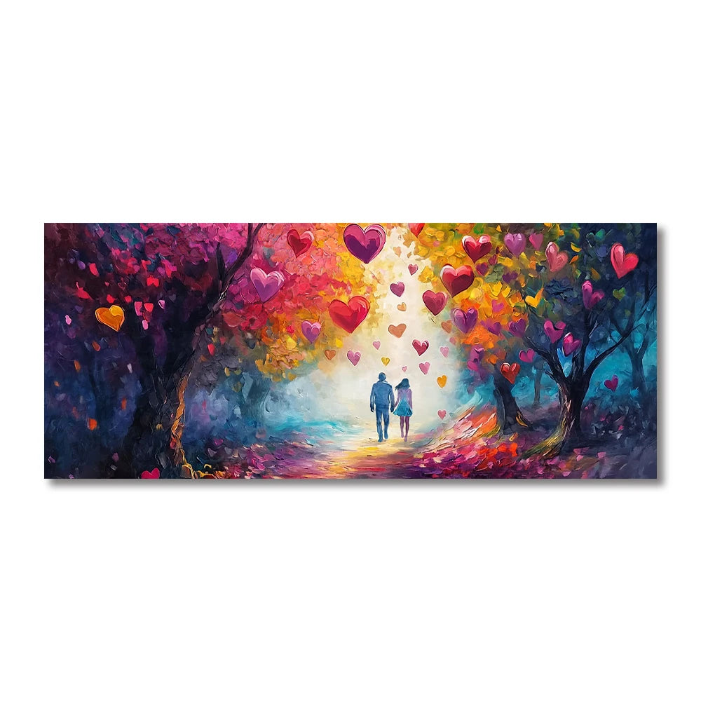 Couples in idyllic, colorful autumnal settings—from city overlooks with falling leaves to rainy park strolls and fantastical heart-adorned paths.