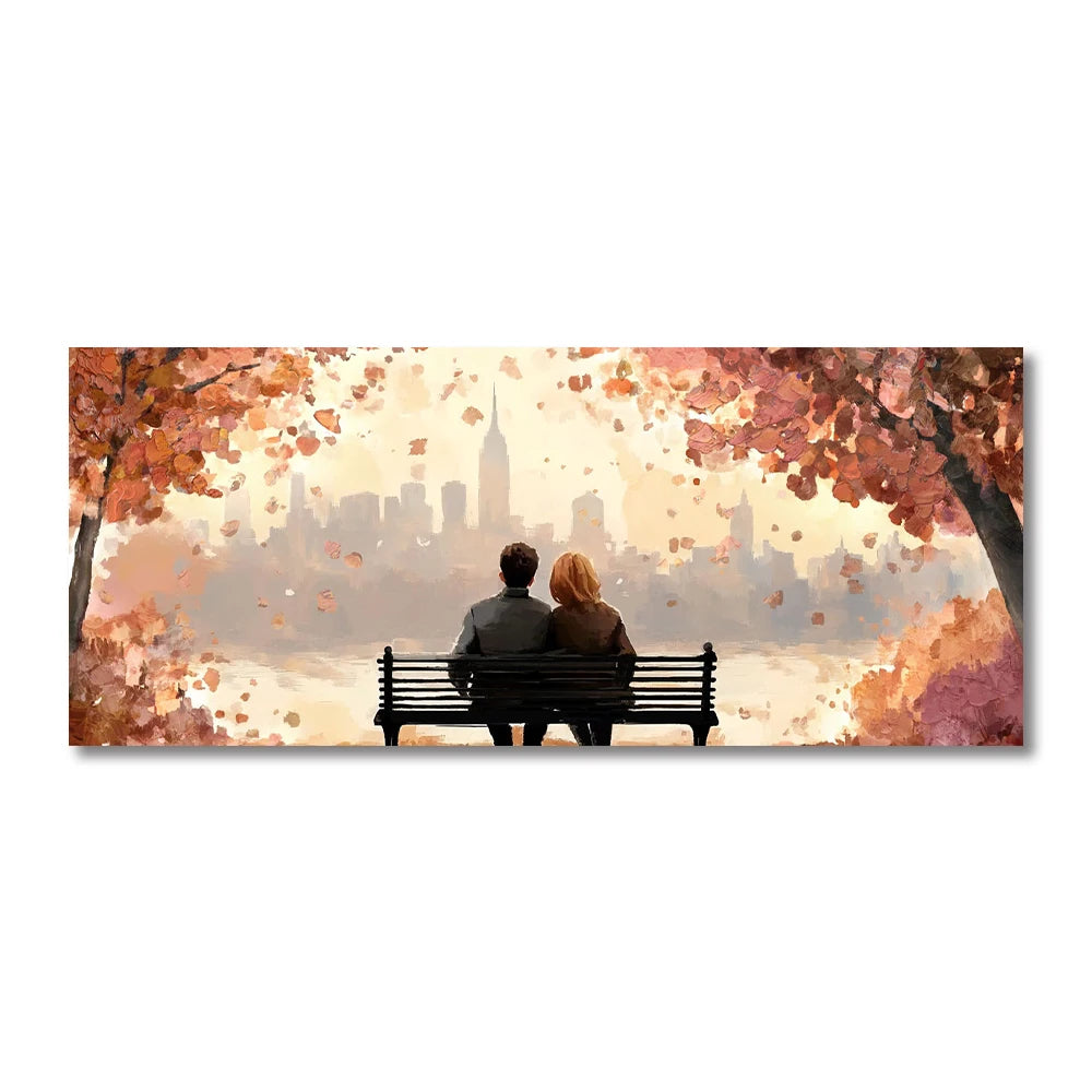 Couples in idyllic, colorful autumnal settings—from city overlooks with falling leaves to rainy park strolls and fantastical heart-adorned paths.