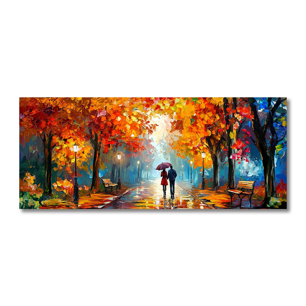 Couples in idyllic, colorful autumnal settings—from city overlooks with falling leaves to rainy park strolls and fantastical heart-adorned paths.