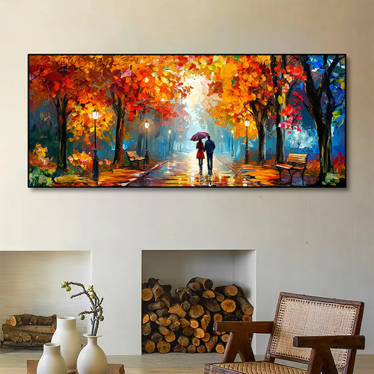 Couples in idyllic, colorful autumnal settings—from city overlooks with falling leaves to rainy park strolls and fantastical heart-adorned paths.