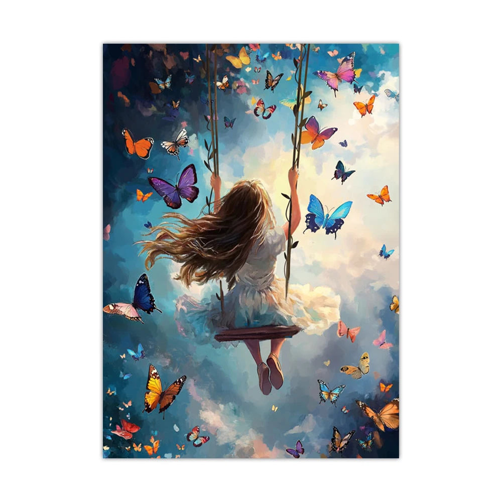 With long flowing hair, a young girl dressed in white, swings joyfully upward into a luminous sky teeming with vibrant multicolored butterflies, capturing a whimsical, dreamlike scene of freedom and wonder in a digital painting style.