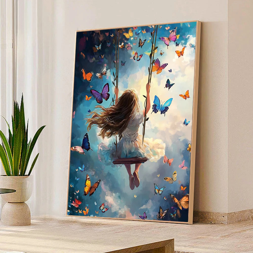 With long flowing hair, a young girl dressed in white, swings joyfully upward into a luminous sky teeming with vibrant multicolored butterflies, capturing a whimsical, dreamlike scene of freedom and wonder in a digital painting style.