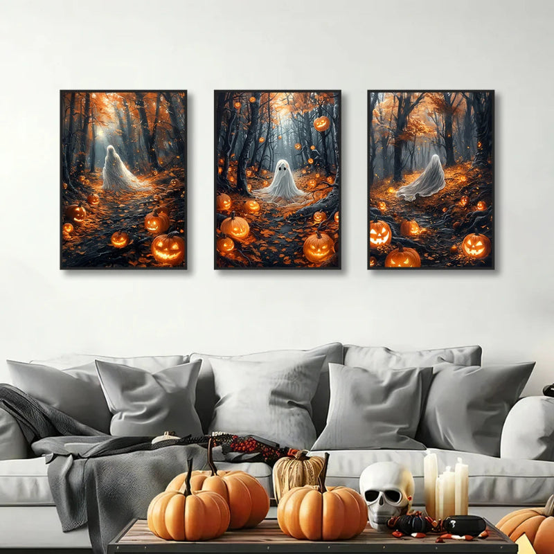 A captivating series of three triptych prints blending eerie and whimsical Halloween themes.