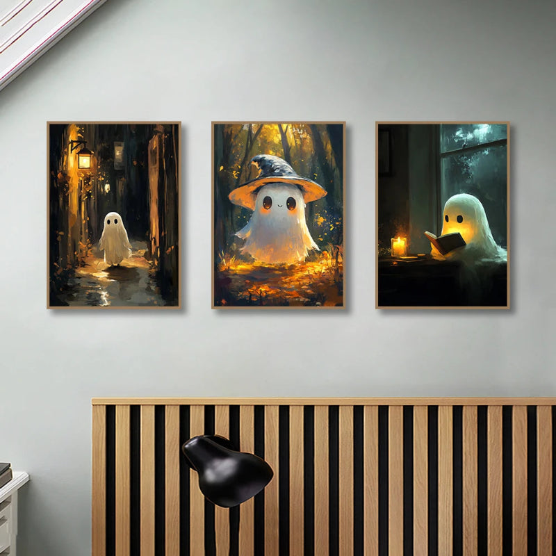 A captivating series of three triptych prints blending eerie and whimsical Halloween themes.