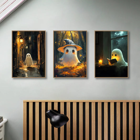 A captivating series of three triptych prints blending eerie and whimsical Halloween themes.