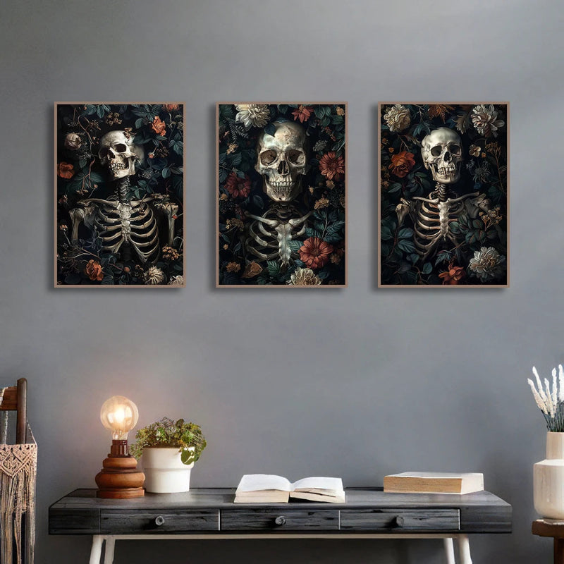 A captivating series of three triptych prints blending eerie and whimsical Halloween themes.