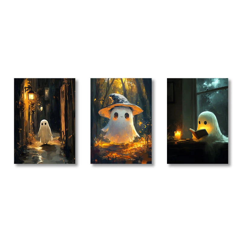 A captivating series of three triptych prints blending eerie and whimsical Halloween themes.