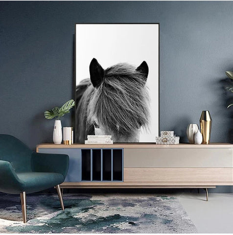 A minimalist black-and-white canvas portrait of a horse's forward profile.