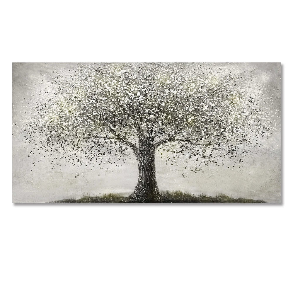 This captivating canvas print depicts a solitary, ancient tree with a textured, gnarled trunk rising from a subtle grassy base.