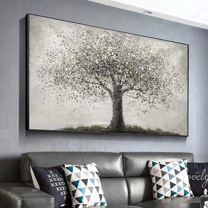 This captivating canvas print depicts a solitary, ancient tree with a textured, gnarled trunk rising from a subtle grassy base.