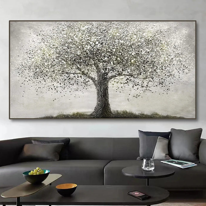 This captivating canvas print depicts a solitary, ancient tree with a textured, gnarled trunk rising from a subtle grassy base.