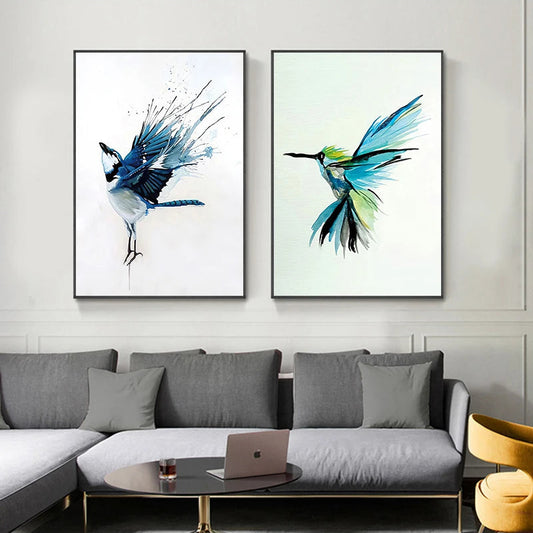 Captivating abstract watercolor prints celebrating avian elegance in jewel-toned splendor.