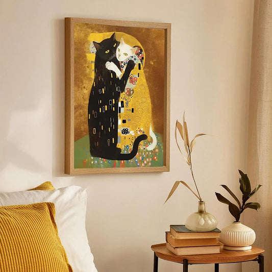 This whimsical artwork reimagines Gustav Klimt's iconic "The Kiss" with two anthropomorphic cats.