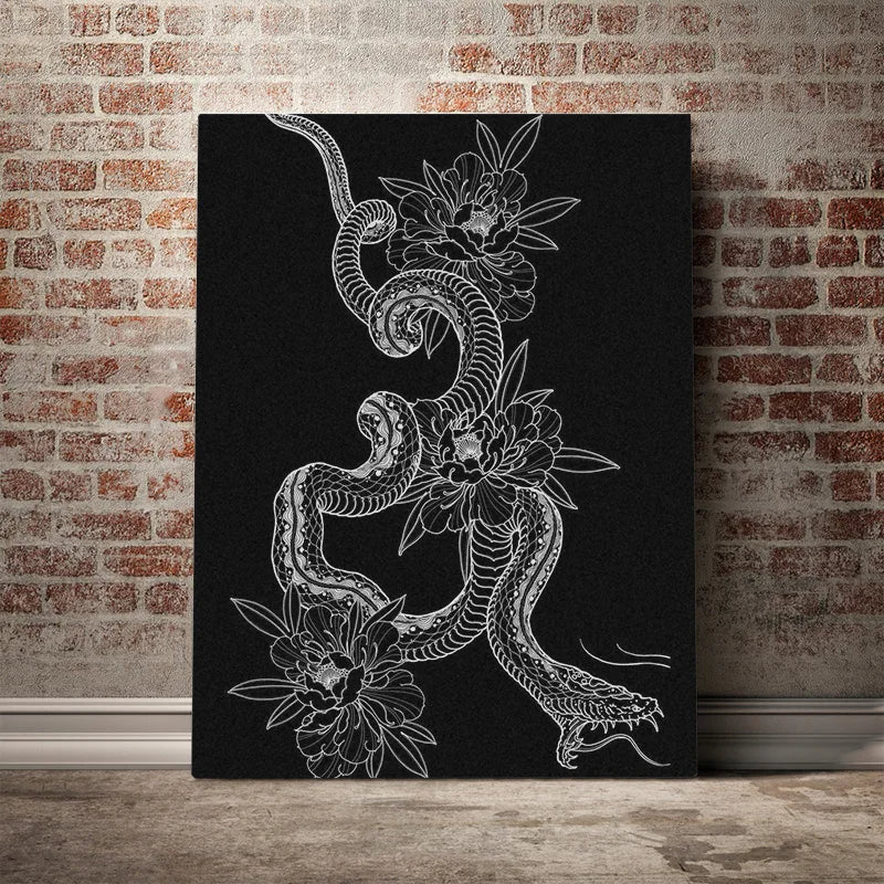 An elegant monochromatic line drawing featuring a coiled, menacing snake intertwined with lush peony blossoms and leaves.