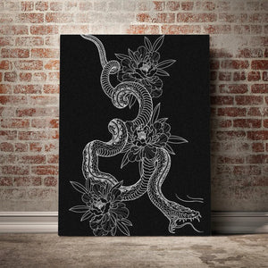 An elegant monochromatic line drawing featuring a coiled, menacing snake intertwined with lush peony blossoms and leaves.