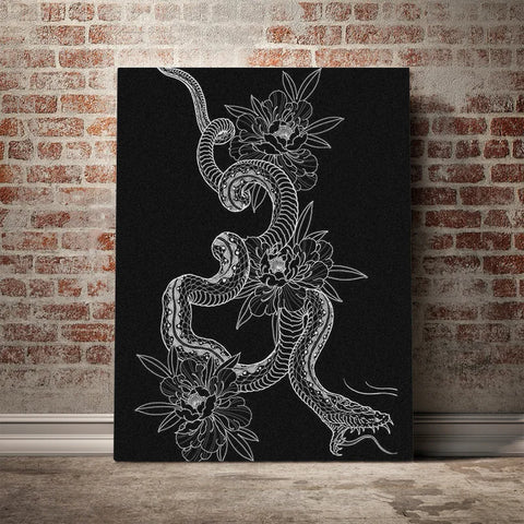 An elegant monochromatic line drawing featuring a coiled, menacing snake intertwined with lush peony blossoms and leaves.