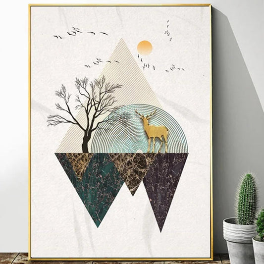 A pair of evocative digital collages portraying inverted triangular mountain landscapes with richly veined marble textures in earthy teal, brown, and gold tones.