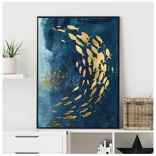 A mesmerizing school of golden fish swirling through deep blue oceanic depths.