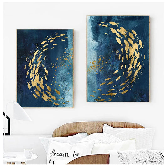 A mesmerizing school of golden fish swirling through deep blue oceanic depths.