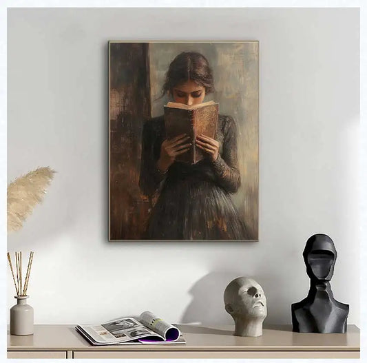 This evocative oil-style painting captures a young woman with dark hair.