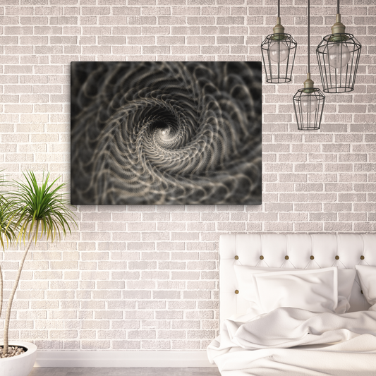 Mesmerizing close-up of a hypnotic spiral tunnel formed by countless delicate, thread-like strands in soft silver-gray tones.