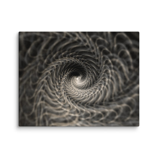 Mesmerizing close-up of a hypnotic spiral tunnel formed by countless delicate, thread-like strands in soft silver-gray tones.