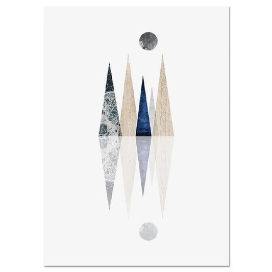 A trio of serene, minimalist digital illustrations depicting stylized triangular mountain ranges with textured, marble-veined surfaces in muted earth and cool tones.