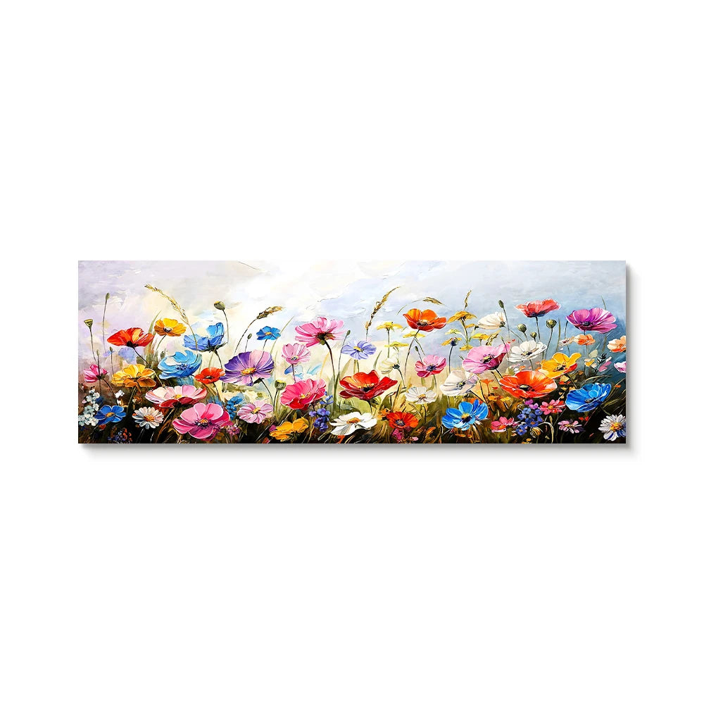 This paired canvas set blends a serene beach scene with white flowers and grasses against a calm ocean.