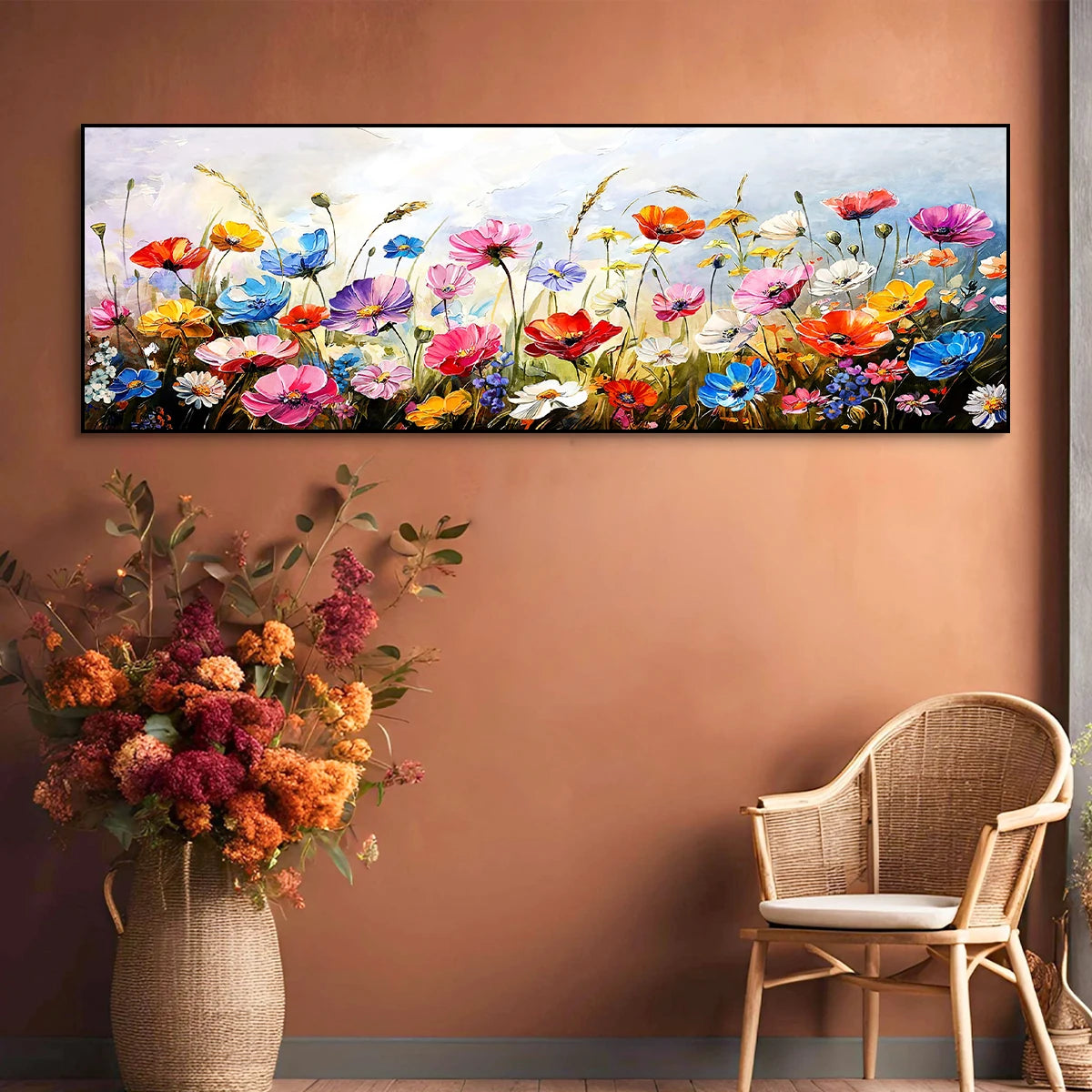 This paired canvas set blends a serene beach scene with white flowers and grasses against a calm ocean.