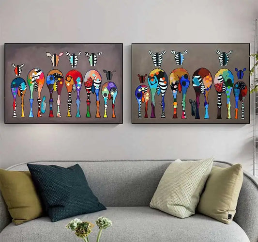 Vibrant abstract artwork depicting whimsical lineup of stylized zebras viewed from behind.