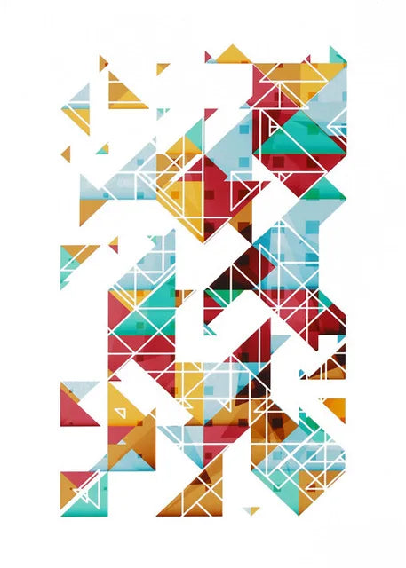 A dynamic abstract artwork composed of fragmented triangular polygons in vivid multicolored hues.