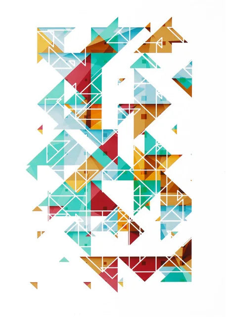 A dynamic abstract artwork composed of fragmented triangular polygons in vivid multicolored hues.
