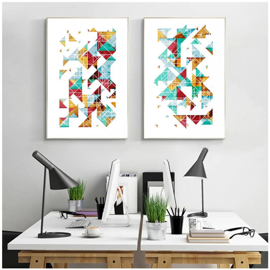 A dynamic abstract artwork composed of fragmented triangular polygons in vivid multicolored hues.
